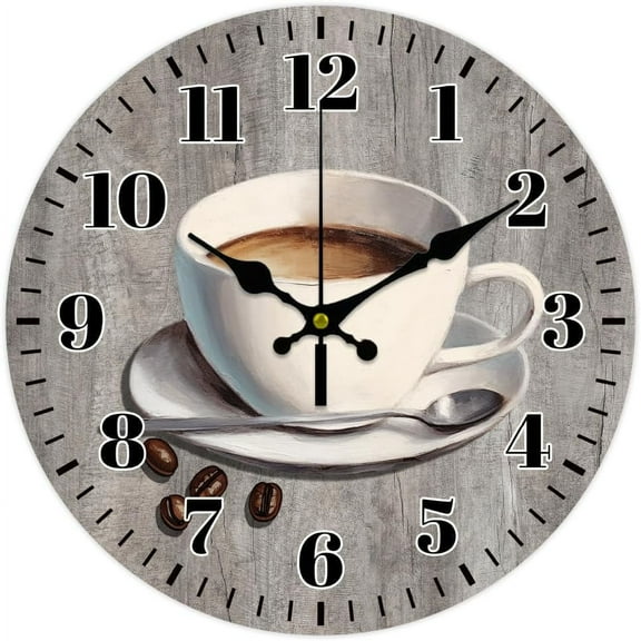 12inch Coffee Wall Clock Coffee Cup Round Wooden Wall Clock Silent Non Ticking Clock Vintage Farmhouse Wall Clock for Office Home Living Room Bedroom Bathroom Kitchen Decor