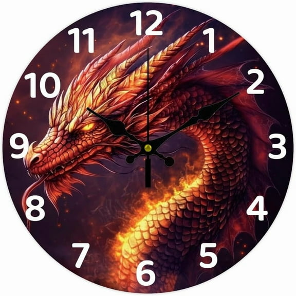 12inch Dragon Wooden Wall Clock Battery Operated Silent Non Ticking Round Decorative Clock for Office Home Living Room Bedroom Bathroom Kitchen Decor Dragon