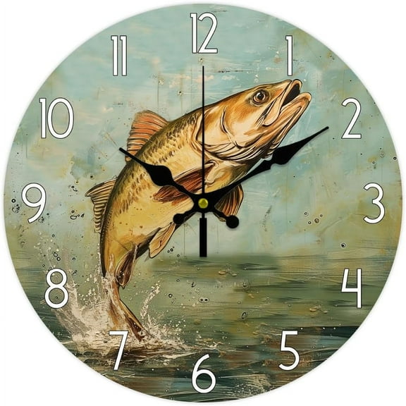 12inch Fish Wall Clock Fishing Wooden Wall Clock Battery Operated Silent Non Ticking Clock Farmhouse Wall Clock