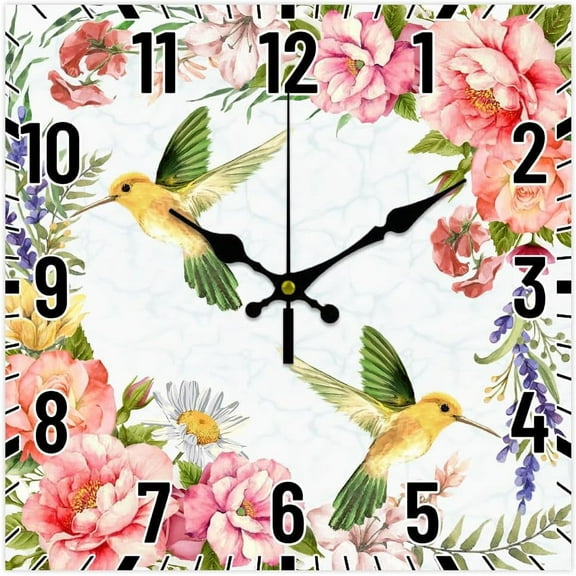 12inch Flower Painted Wall Clock Silent Wooden Square Clock Battery Operated Wall Clock