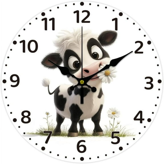 12inch Funny Cow Flowers Wall Clock Battery Operated Silent Non Ticking Round Decorative Clock