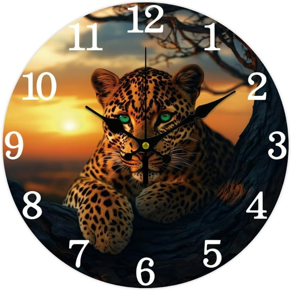 12inch Leopard Wall Clock Battery Operated Silent Non Ticking Sunset Round Decorative Clock for Office Home Kitchen Decor Colorful