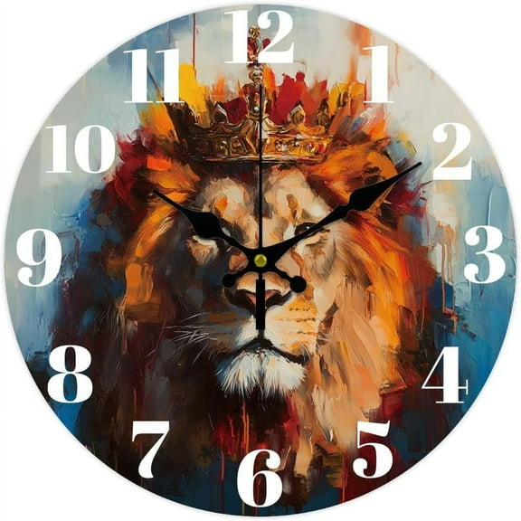 12inch Lion Crown Wooden Wall Clock Battery Operated Silent Non Ticking Round Decorative Clock for Office Home Living Room Bedroom Bathroom Kitchen Decor Lion