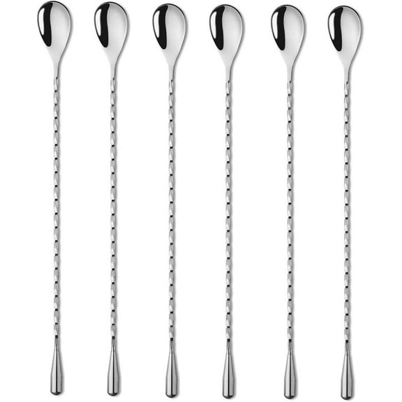 12inch Long Handle Mixing Spoons,Stainless Steel Shaker Spoons with Silver Spiral Pattern, 6Piece