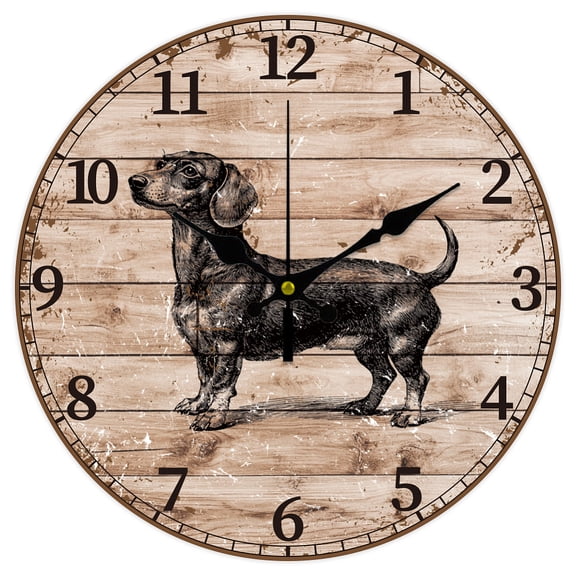 12inch Sausage Dog Wall Clock Vintage Style Pattern Battery Operated Silent Non Ticking Round Decorative Clock for Office Home Kitchen Decor for DIY