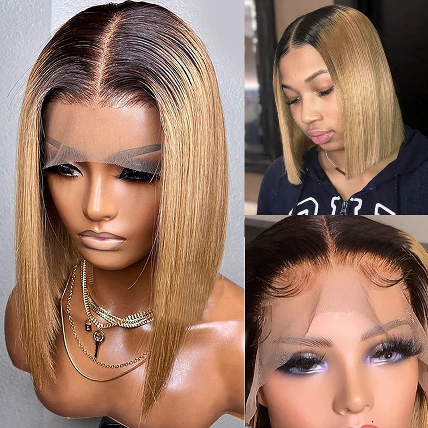 WIG LACE CAP OMBRE  12in Bob w TRIMMED Bob Ombre Blond Wigs Short Wave Synthetic Wig Lace Front  main image 2