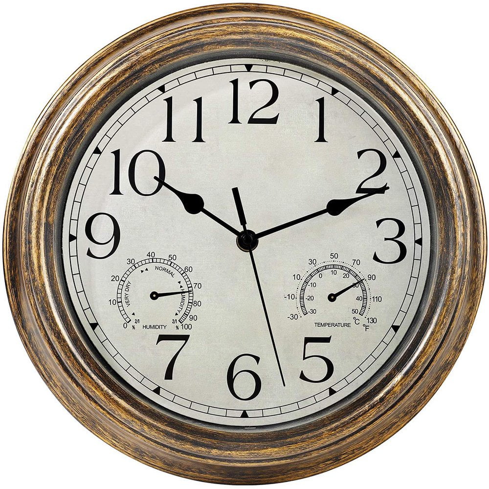 12inch Wall Clock,Retro Waterproof Clock with Displays Thermometer&Hygrometer,Noise-Free Clock for Indoor/Outdoor