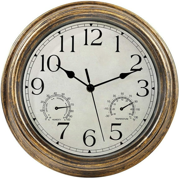 12 Wall Clock,Retro Waterproof Clock with Displays Thermometer&Hygrometer,Noise-Free Clock for Indoor/Outdoor