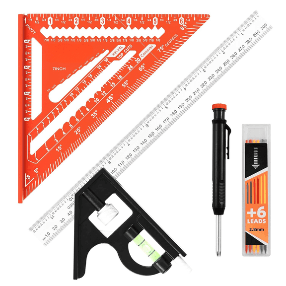 12inch Zinc Alloy Combination Square and 7inch Aluminum Rafter Square Set with Carpenter Pencil,Heavy Duty Carpenter Tools for Woodworking and Home DIY