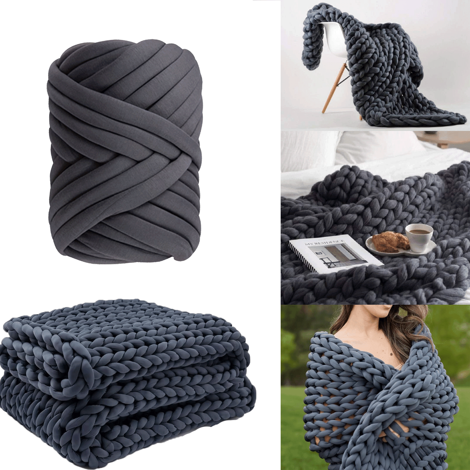 12m Thick Core Yarn Hand Woven Fabric Strip Thread for Crochet Blanket Cushion Super DIY Craft Material（Dark Gray）