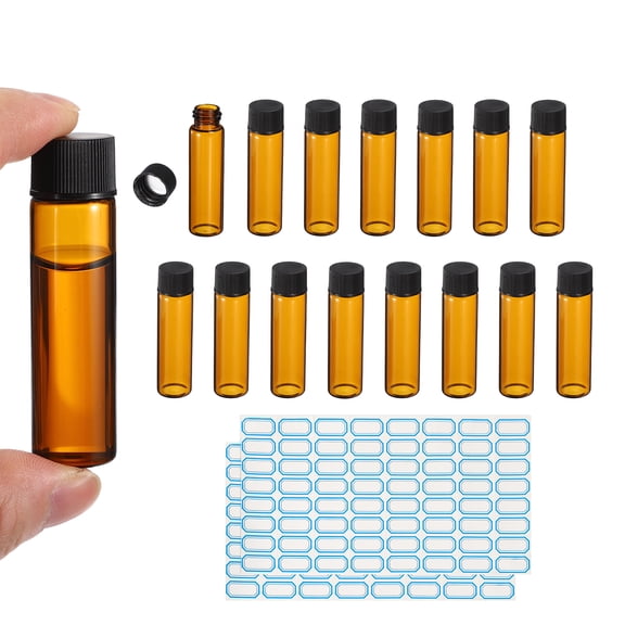 12ml Amber Glass Vials, 15 Pack Sample Vials with Screw Cap Reagent Media Bottle with Labels Leak-Proof Liquid Sample Glass Vial for Lab Laboratory