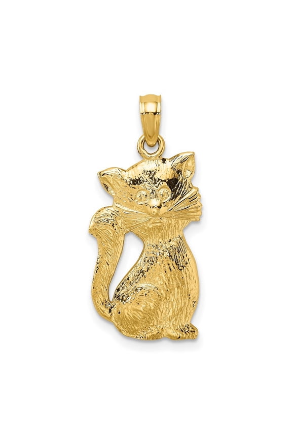 12mm 14k Gold Cat Sitting With Tail Up 2-d Charm Pendant Necklace for Women