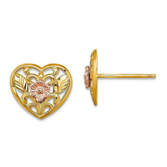 12mm 14k Two-tone Gold Love Heart Pendant Necklace With Pink Flower Post ) Pendant for Women