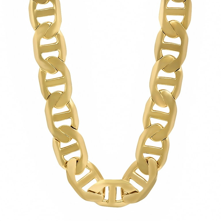 12mm 14k Yellow Gold Plated Flat Mariner Chain Necklace, 40 inches