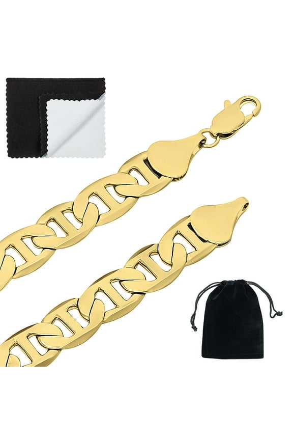 12mm 14k Yellow Gold Plated Flat Mariner Choker Chain Necklace, 16 inches