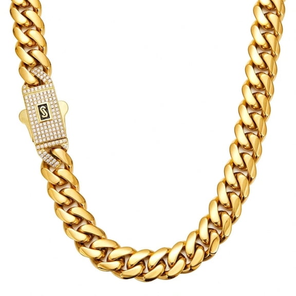 12mm 14mm Stainless Steel Miami Cuban Link Chain Necklace, Iced Out Spring Buckle, Hip Hop Rapper Jewelry for Men