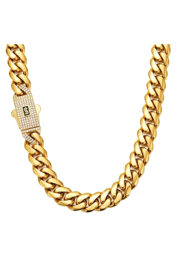 12mm 14mm Stainless Steel Miami Cuban Link Chain Necklace, Iced Out Spring Buckle, Hip Hop Rapper Jewelry for Men