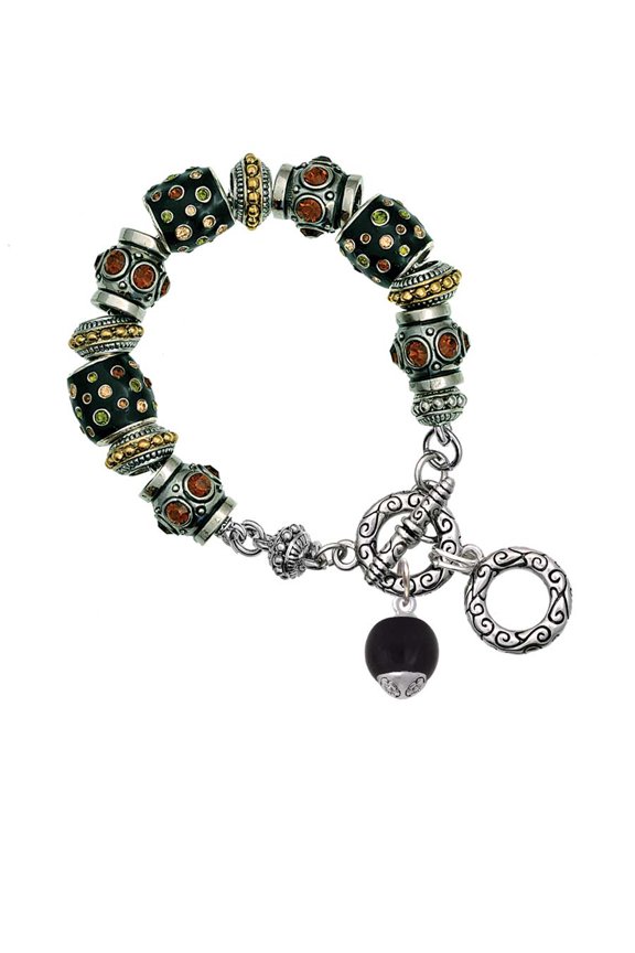 12mm Black Roller Glass Spinner Fall Crystal Bead Charm Bracelet