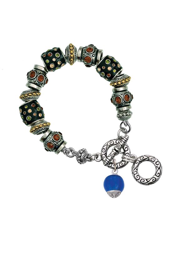 12mm Capri Blue Roller Spinner with Silvertone Lining Glass Spinner Fall Crystal Bead Charm Bracelet