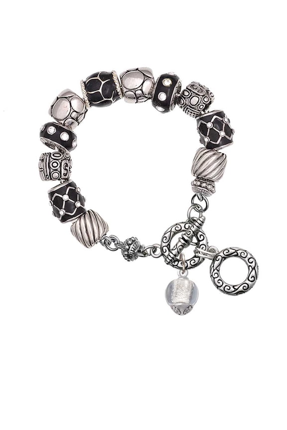 12mm Clear Roller Spinner with Silvertone Lining Glass Spinner Black Pebble Bead Charm Bracelet