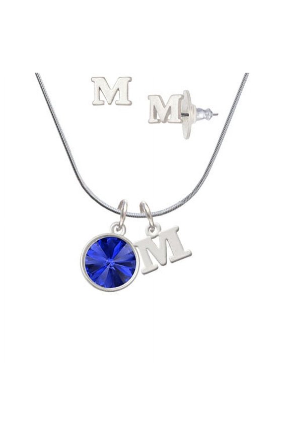 12mm Crystal Rivoli - Blue - M Initial Charm Necklace and Stud Earrings Jewelry Set