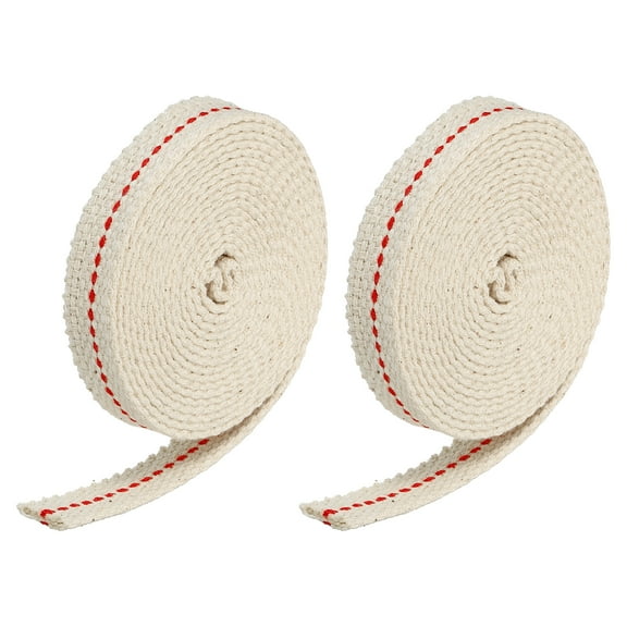 12mm Flat Wide 2 Meter/6.5Ft Long Cotton Oil Lamp Wick with Red Stitch, 2 Roll