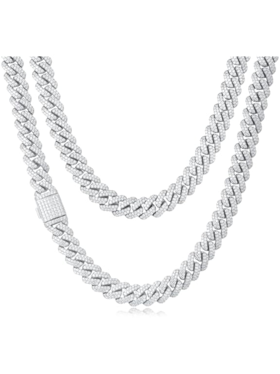 12mm Iced Out Cuban Link Chain Necklace for Men Women, Stainless Steel CZ Stone Hip Hop Choker Necklace, Thick Bling Statement Chain with White Tone Finish, 18-24 Inch
