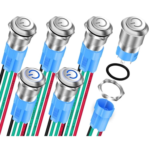 12mm Latching Push Button Switch 12V LED Blue Waterproof ON Off Maintained Power Button 12 Volt Small Round Metal Black Wired for Automotive - 6pcs