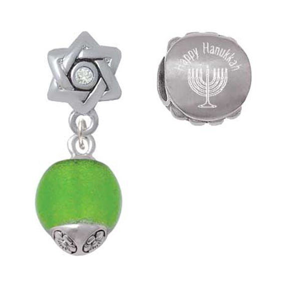 12mm Lime Green - Roller Spinner with Silvertone Lining Glass Spinner Happy Hanukkah Charm Beads (Set of 2)