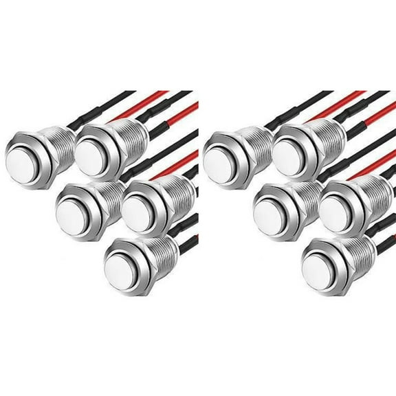12mm Momentary Push Button Switch Pre-Wired Waterproof IP65 Stainless Steel for Automotive DIY Projects 10-Pack