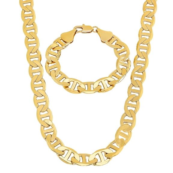 12mm Polished 14k Yellow Gold Plated Flat Mariner Chain Necklace + Bracelet Set, 22 inches