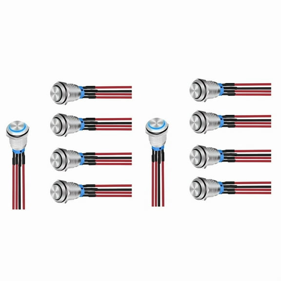 12mm Push Button Switch 10PCS with Pre Wired Harness 12V 24V Self Locking Latching LED Round Waterproof Metal Switch