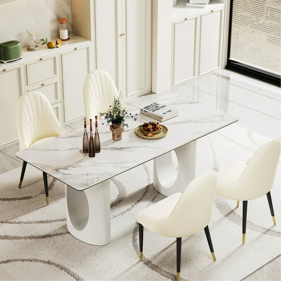 12mm Sintered Stone Composite Tempered Glass Dining Table With Carbon Steel Base - White, Affordable Item Luxurious Feel