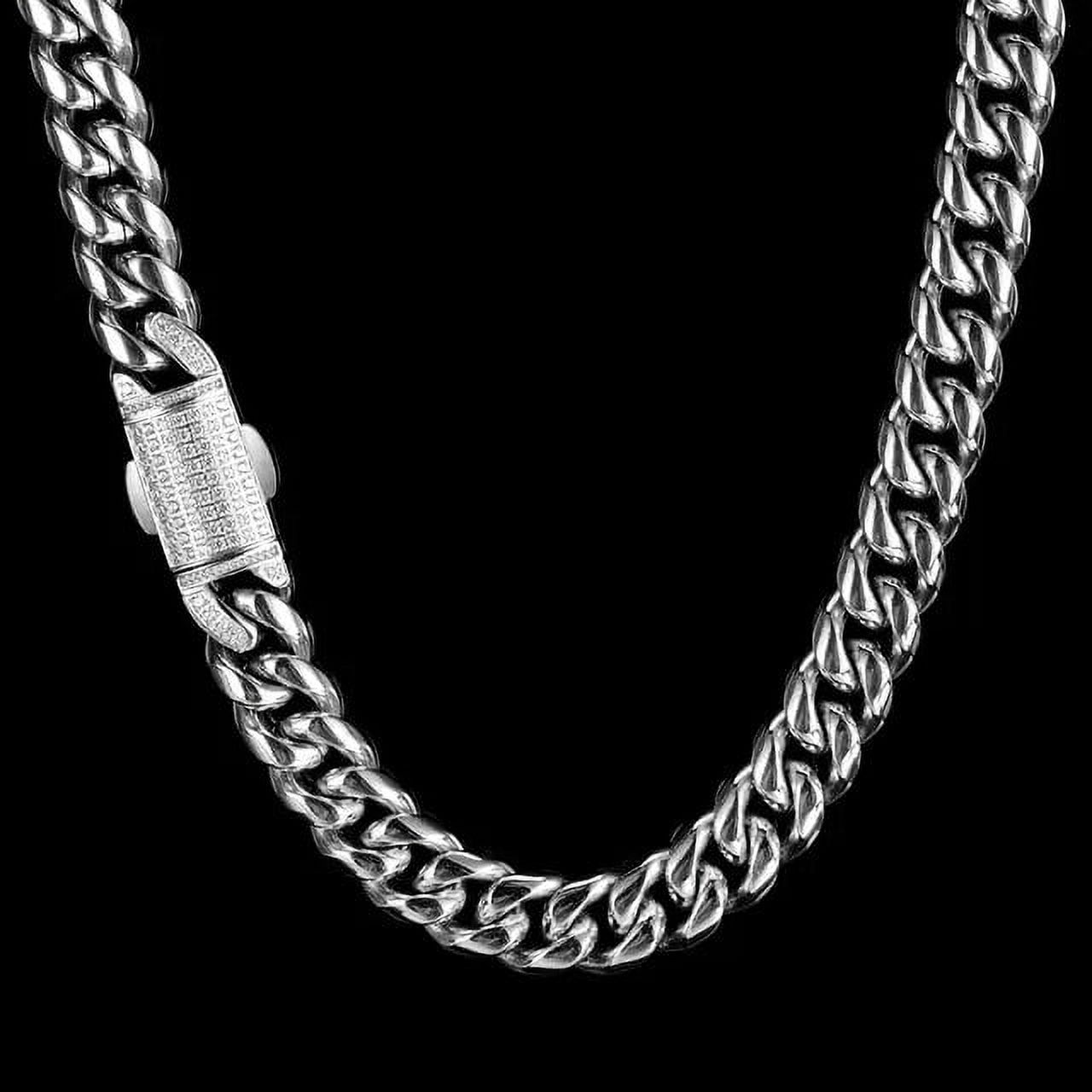 Men's Miami Cuban Chain 14k White Gold Plated Stainless Steel 14mm Silver 925 CZ