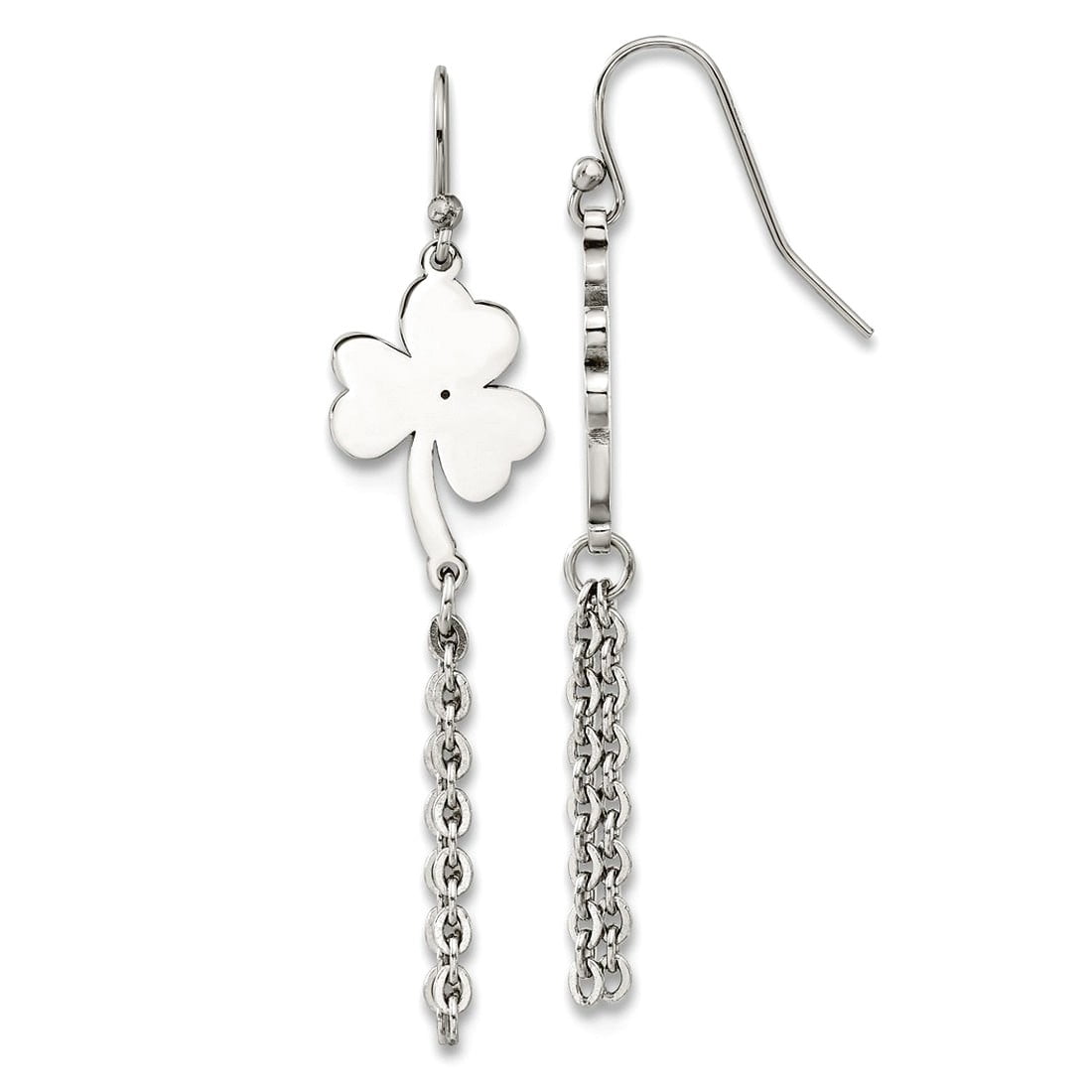 Stainless Steel Polished 4-leaf Clover Dangle Shepherd Hook Earrings 41x12mm Wide Dangle Earring for Women