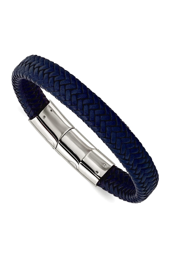 12mm Stainless Steel Polished Navy Blue Braided Leather Bracelet With .5 Inch Extension 7.75 Inch Link Bracelet for Wome