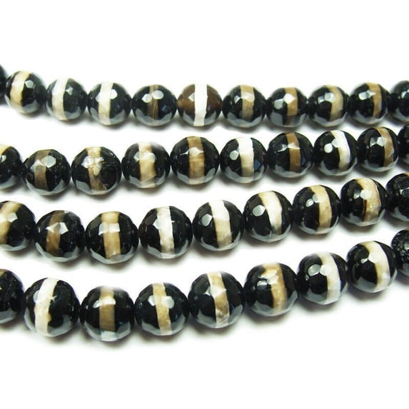 12mm Tibetan Style White Line Black Faceted Beads Genuine Gemstone Natural Jewelry Making