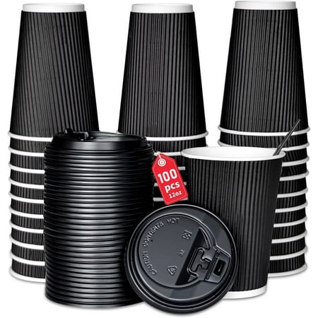 [12oz-100Set] Disposable Paper Cups, Coffee Cups w/ Snug Lids Stirs, No Sleeve Needed, Anti-slip Holding Insulated Hot Cold Drink, Safe Sturdy To Go for Party Meeting