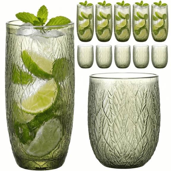 12oz & 10oz Sage Green Floral Embossed Glass Cups, Set of 12 Vintage Drinking Glasses for Home & Bar