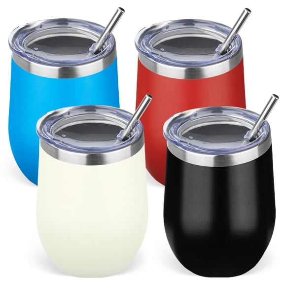 12oz/4 Pack Stainless Steel Wine Tumbler with Lid and Straw, Double Wall Vacuum Insulated Wine Tumbler Glasses, Stemless Travel Mugs for Hot and Cold Drinks, Coffee, Wine, Cocktails