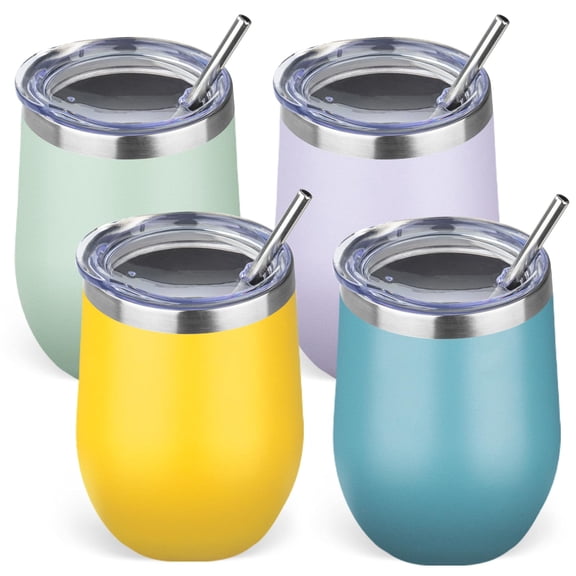12oz/4 Pack Stainless Steel Wine Tumbler with Lid and Straw, Double Wall Vacuum Insulated Wine Tumbler Glasses, Stemless Travel Mugs for Hot and Cold Drinks, Coffee, Wine, Cocktails