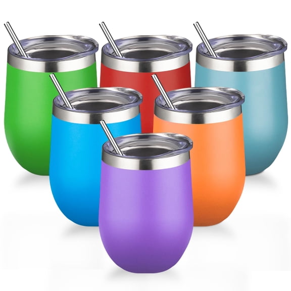 12oz/6 Pack Stainless Steel Wine Tumbler with Lid and Straw, Double Wall Vacuum Insulated Wine Tumbler Glasses, Stemless Travel Mugs for Hot and Cold Drinks, Coffee, Wine, Cocktails