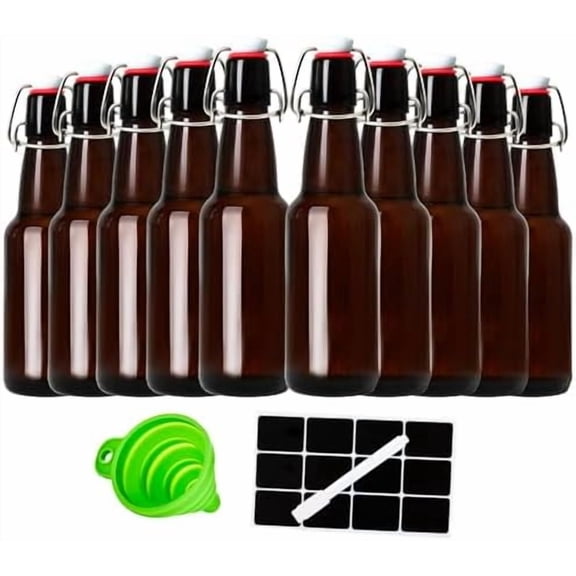 12oz Amber Glass Beer Bottles with Flip Top Airtight Lids, 10 Pack Swinging Top Home Brewing Bottles for Kombucha, Vanilla Extract, Kefir, Juice, Wine, Fermentation$$