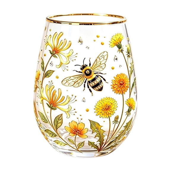12oz Bee Floral Stemless Glass Tumbler, Gold Rim Flower Print Bar Cup, Elegant Decorative Drinkware, Gift for Garden & Nature Lovers