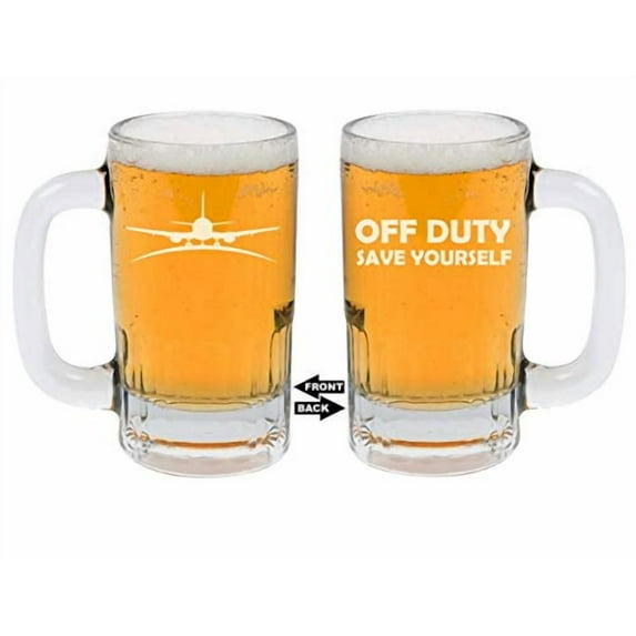 12oz Beer Mug Stein Glass 2 Sided Airplane Pilot Flight Attendant Off Duty Save Yourself Funny
