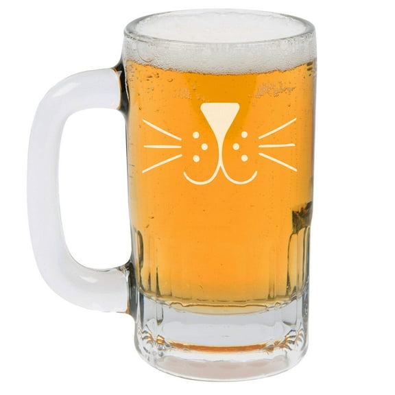 12oz Beer Mug Stein Glass Cat Face Whiskers
