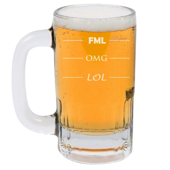 12oz Beer Mug Stein Glass FML OMG LOL Funny Fill Lines