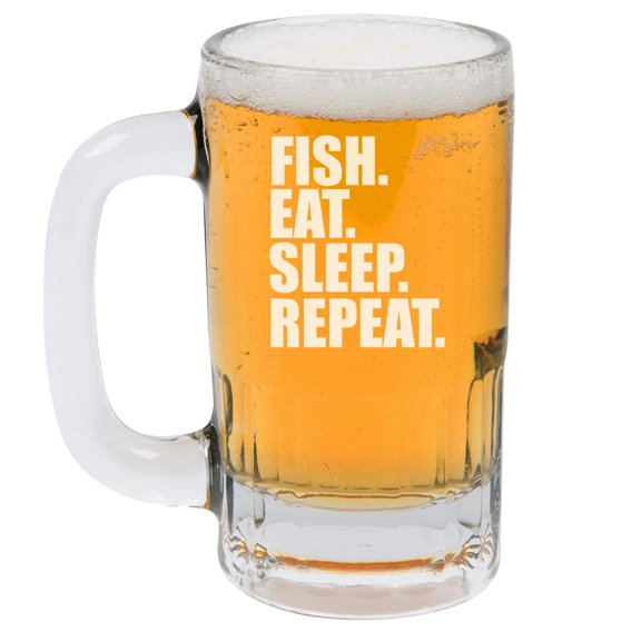 12oz Beer Mug Stein Glass Fish Eat Sleep Repeat