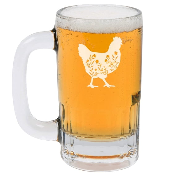 12oz Beer Mug Stein Glass Floral Chicken