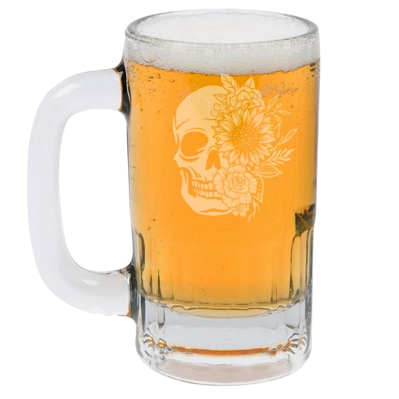 12oz Beer Mug Stein Glass Gift Floral Skull